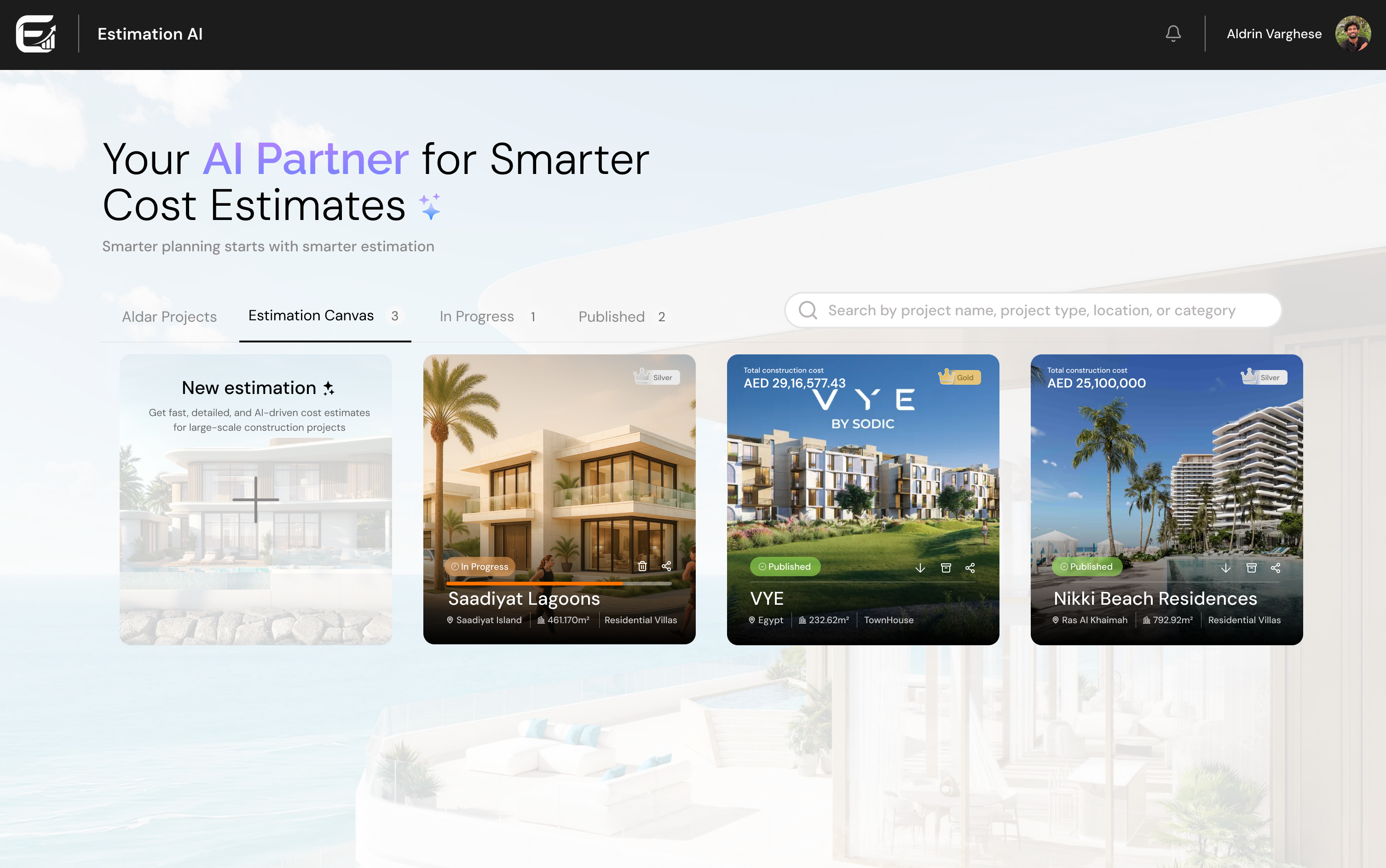 Estimation canvas with projects